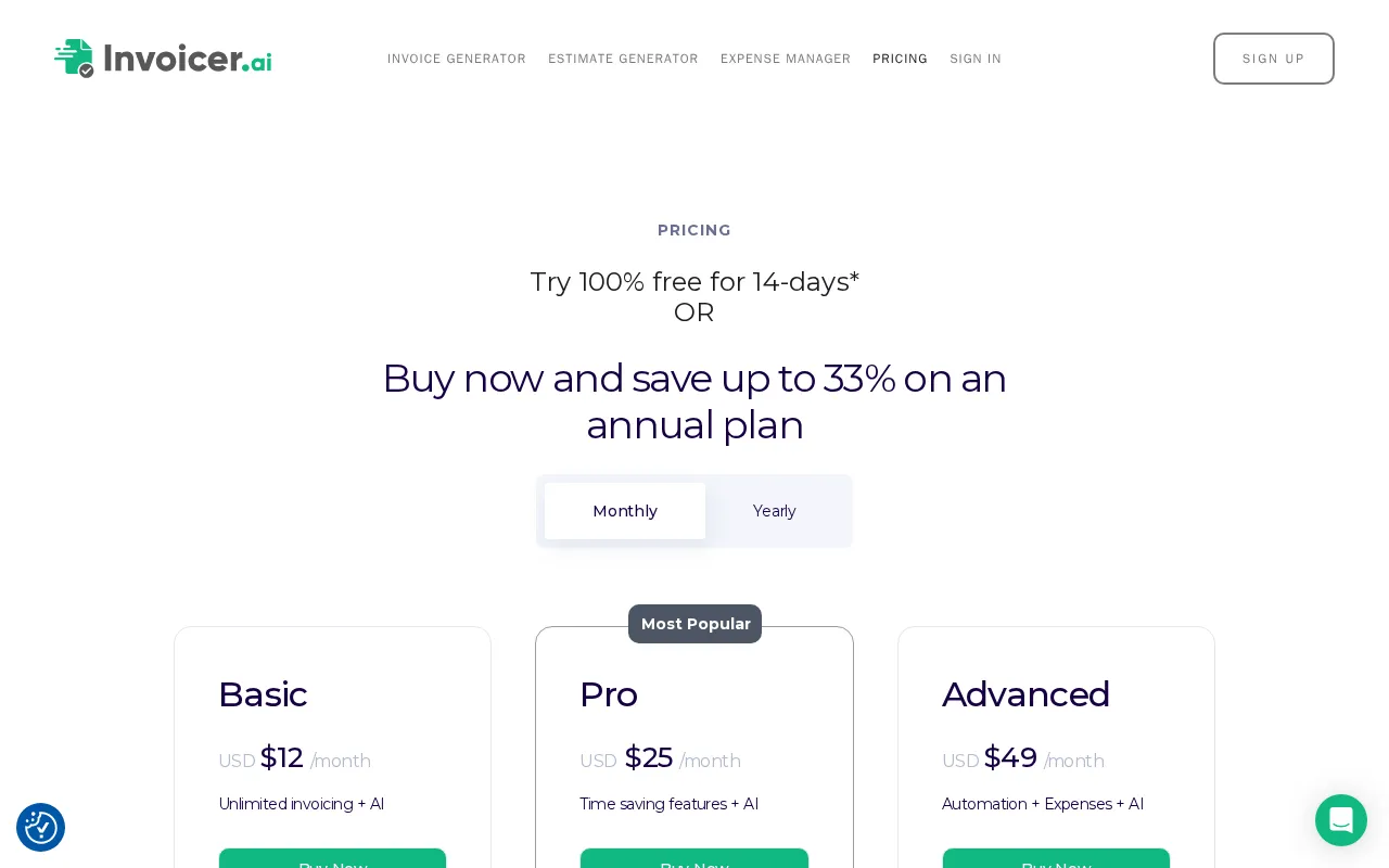 invoicer.ai — pricing page