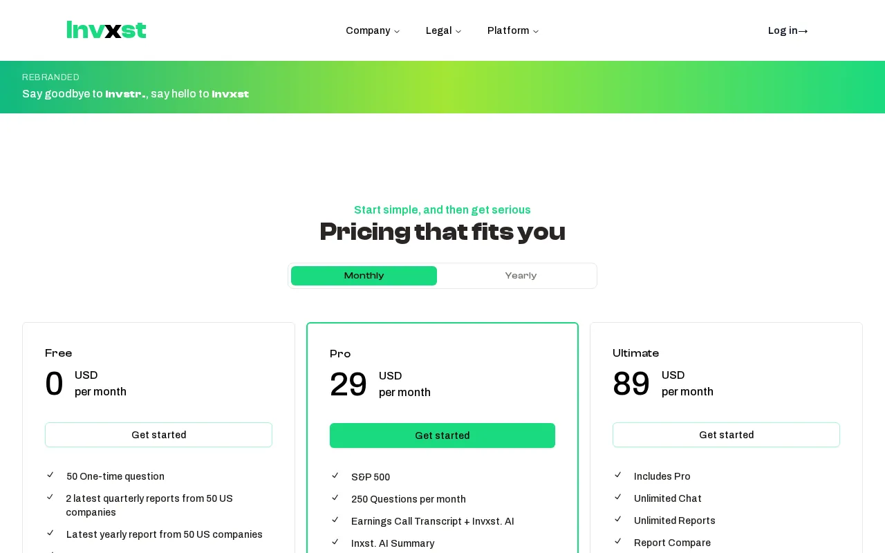 Invxst AI — pricing page