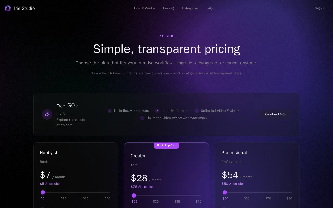 Iris Studio — pricing page
