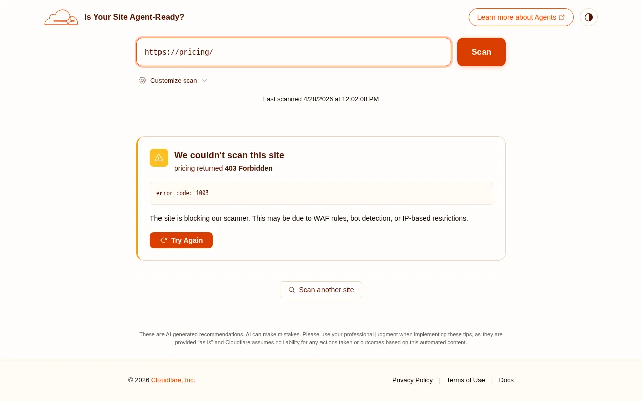 Is Your Site Agent-Ready? by Cloudflare — pricing page