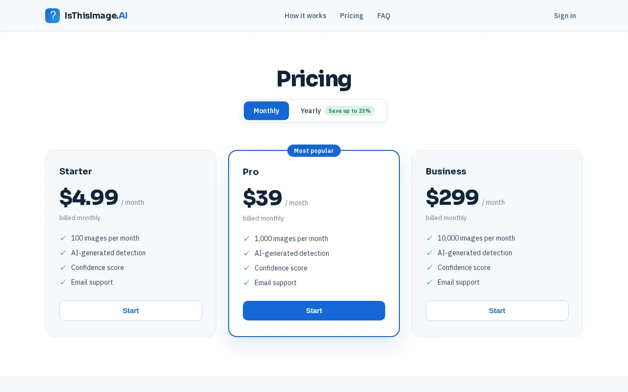 IsThisImage.AI — pricing page