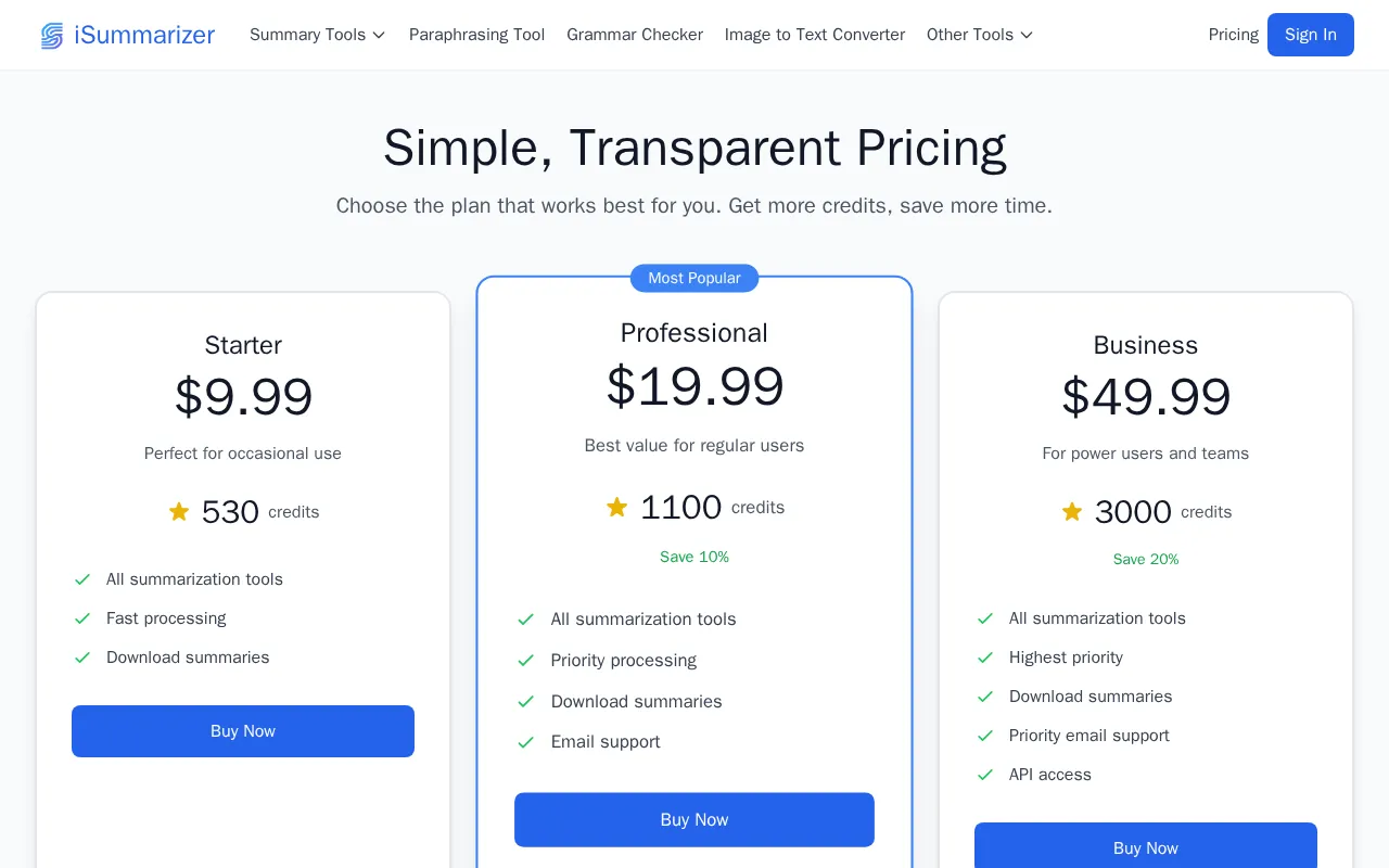 iSummarizer — pricing page