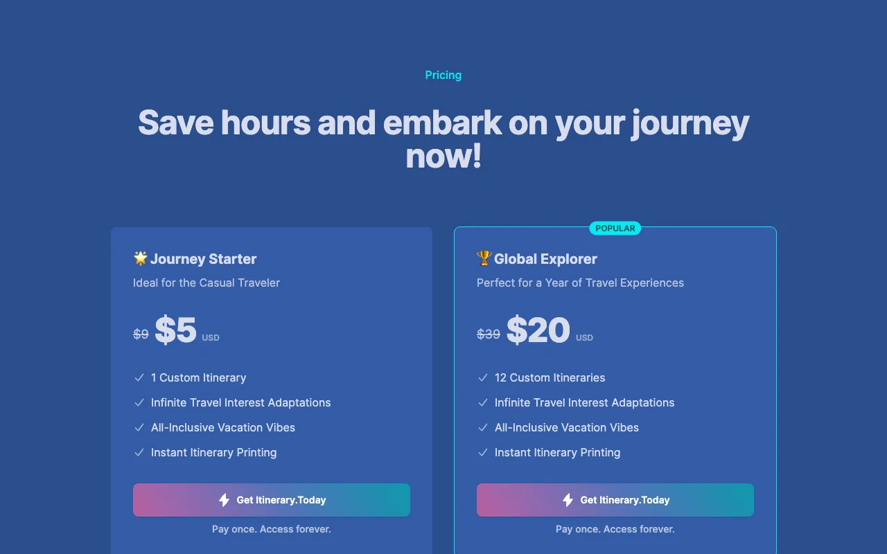 itinerary.today — pricing page