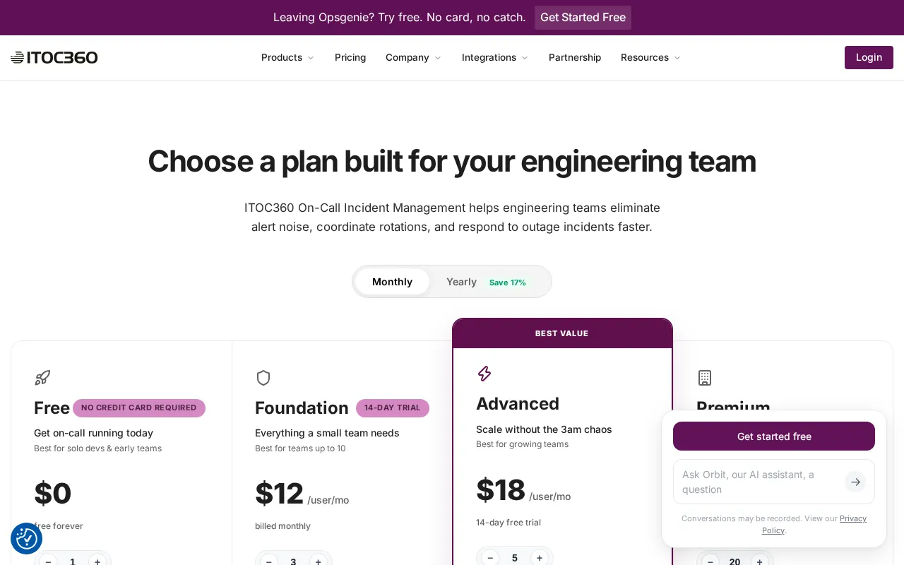 Itoc360 — pricing page