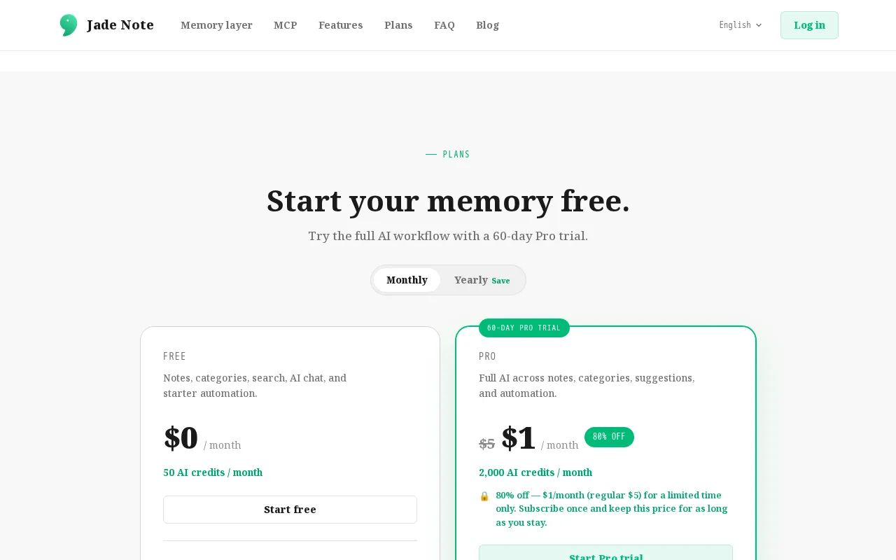 Jade Note — pricing page