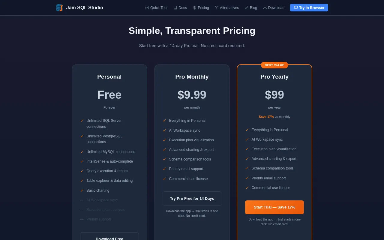 Jam SQL Studio — pricing page