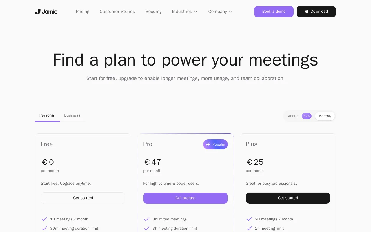 Jamie — pricing page