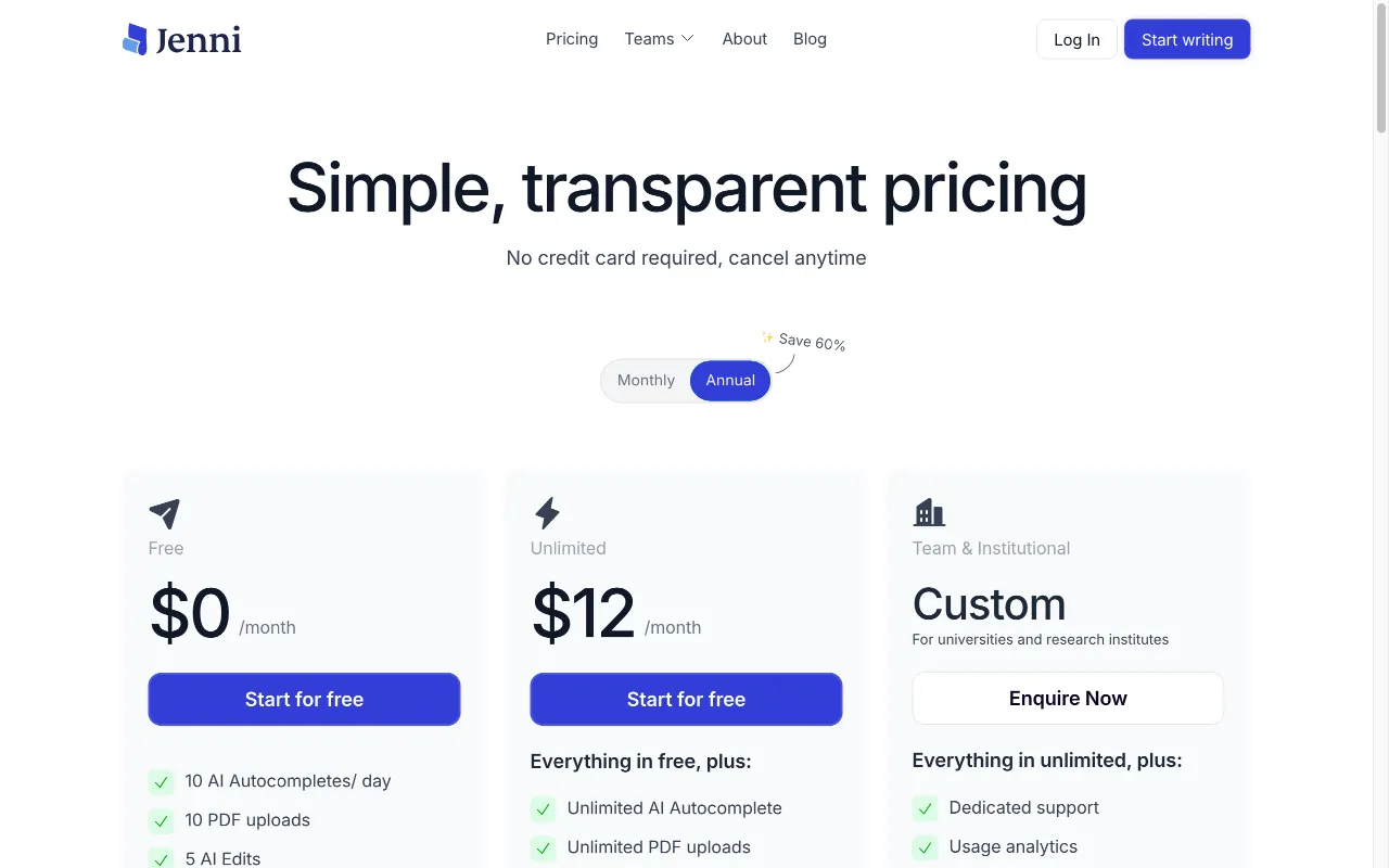 Jenni — pricing page