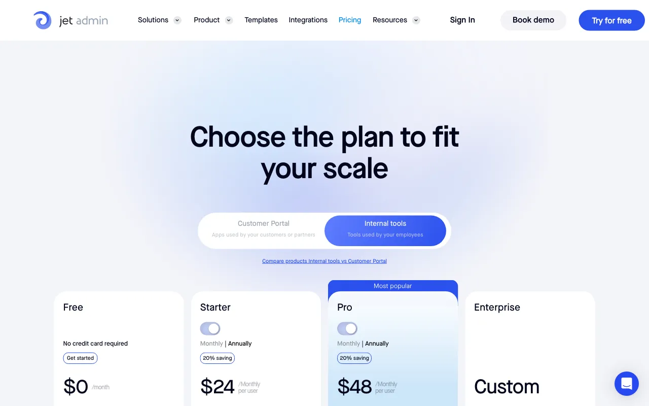 Jet Admin — pricing page