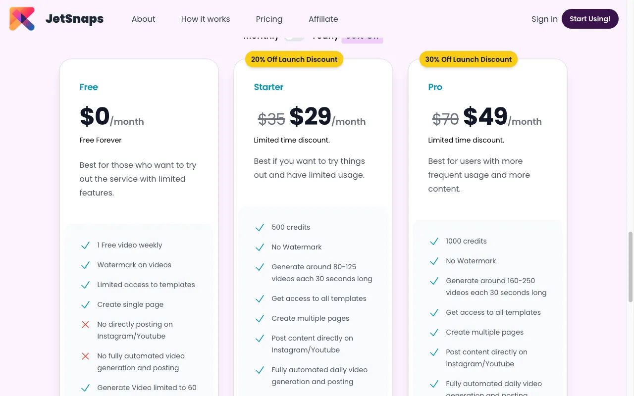 JetSnaps — pricing page