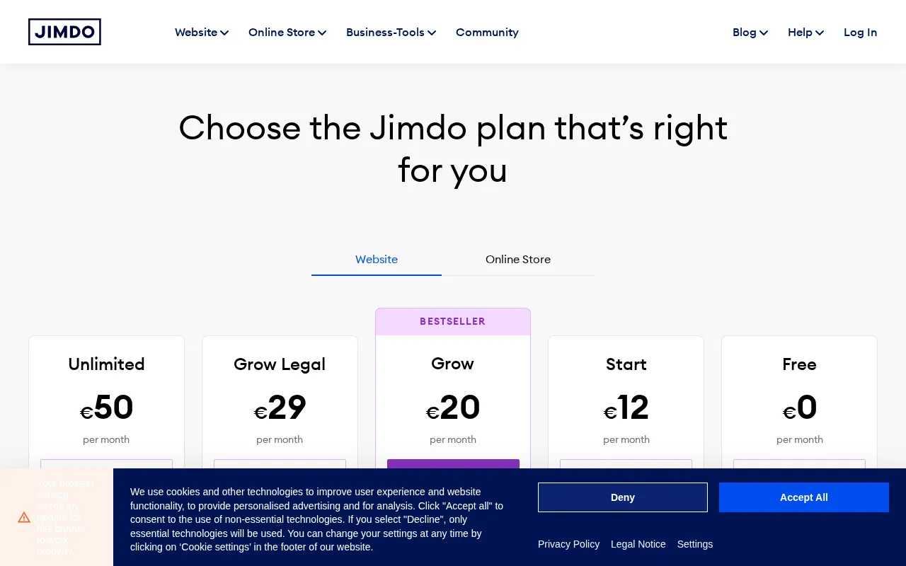 Jimdo — pricing page