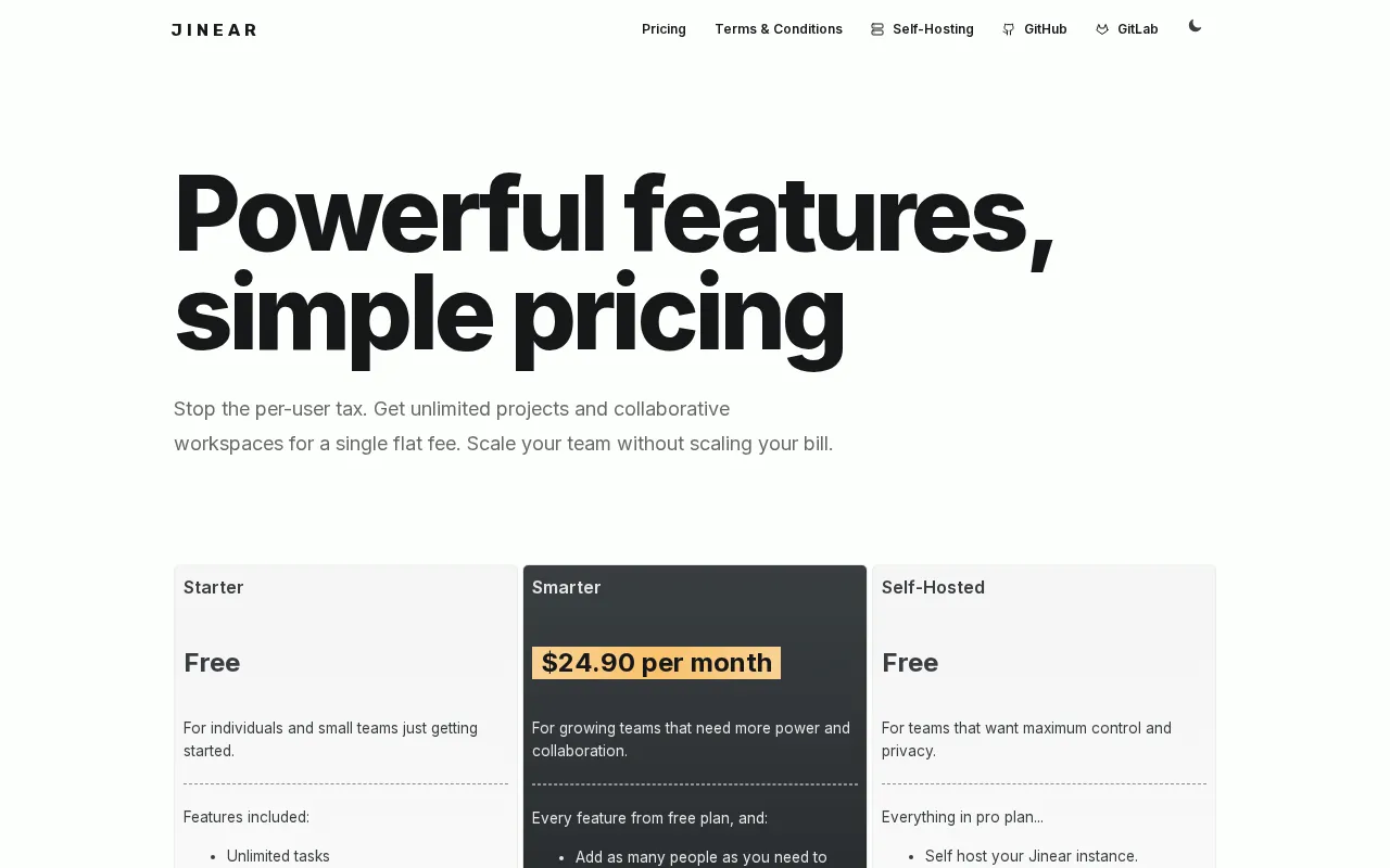 Jinear — pricing page
