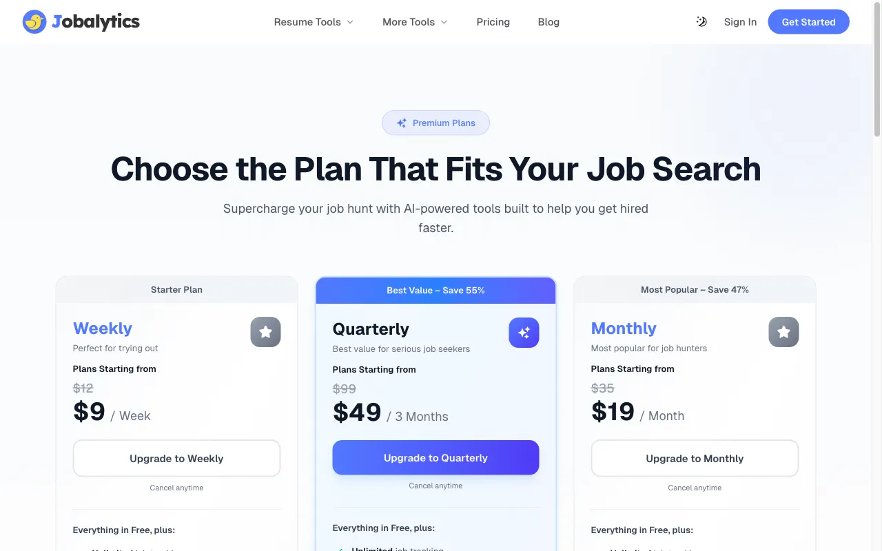 Jobalytics — pricing page