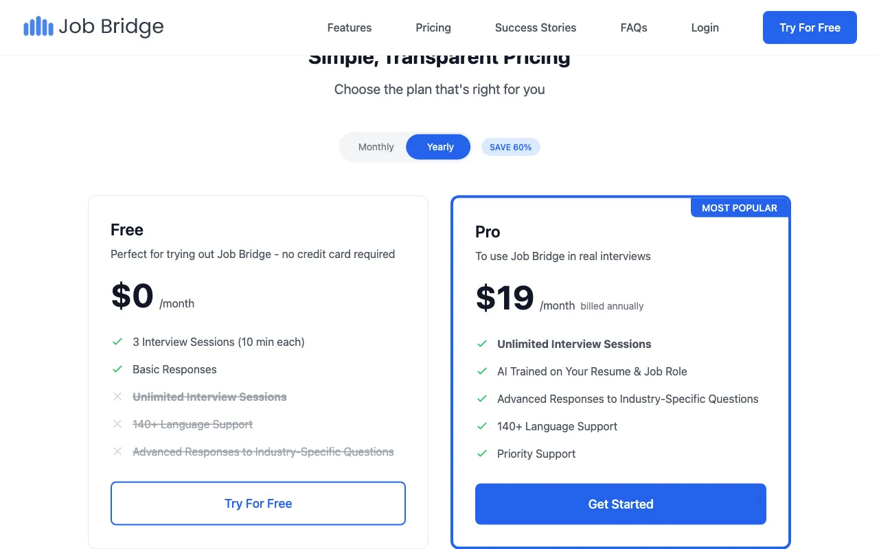 JobBridge — pricing page