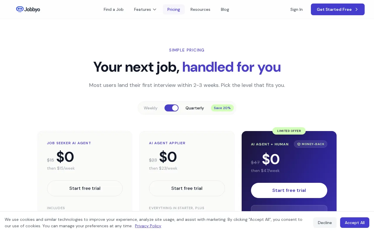 Jobbyo — pricing page