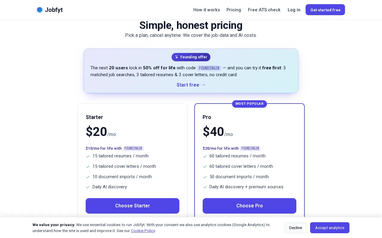 Jobfyt — pricing page