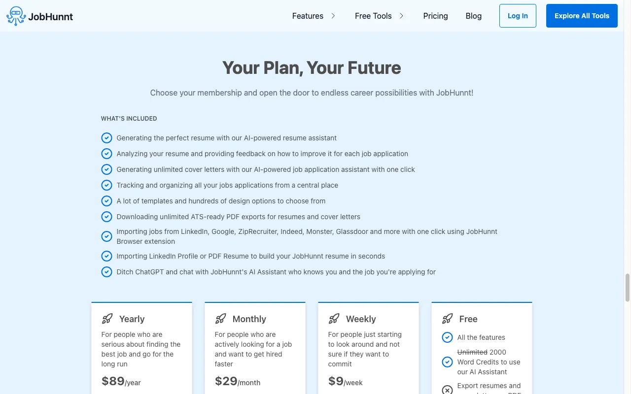 JobHunnt — pricing page