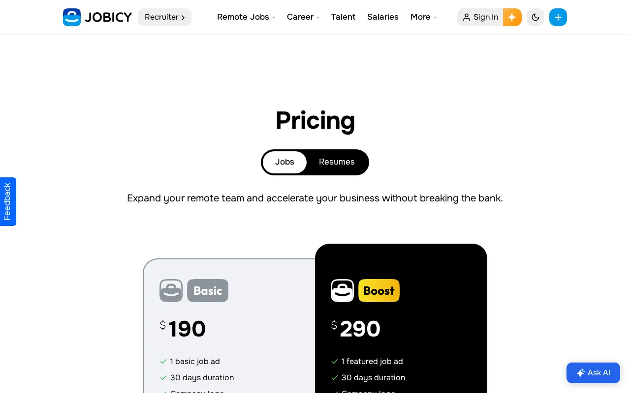 Jobicy — pricing page