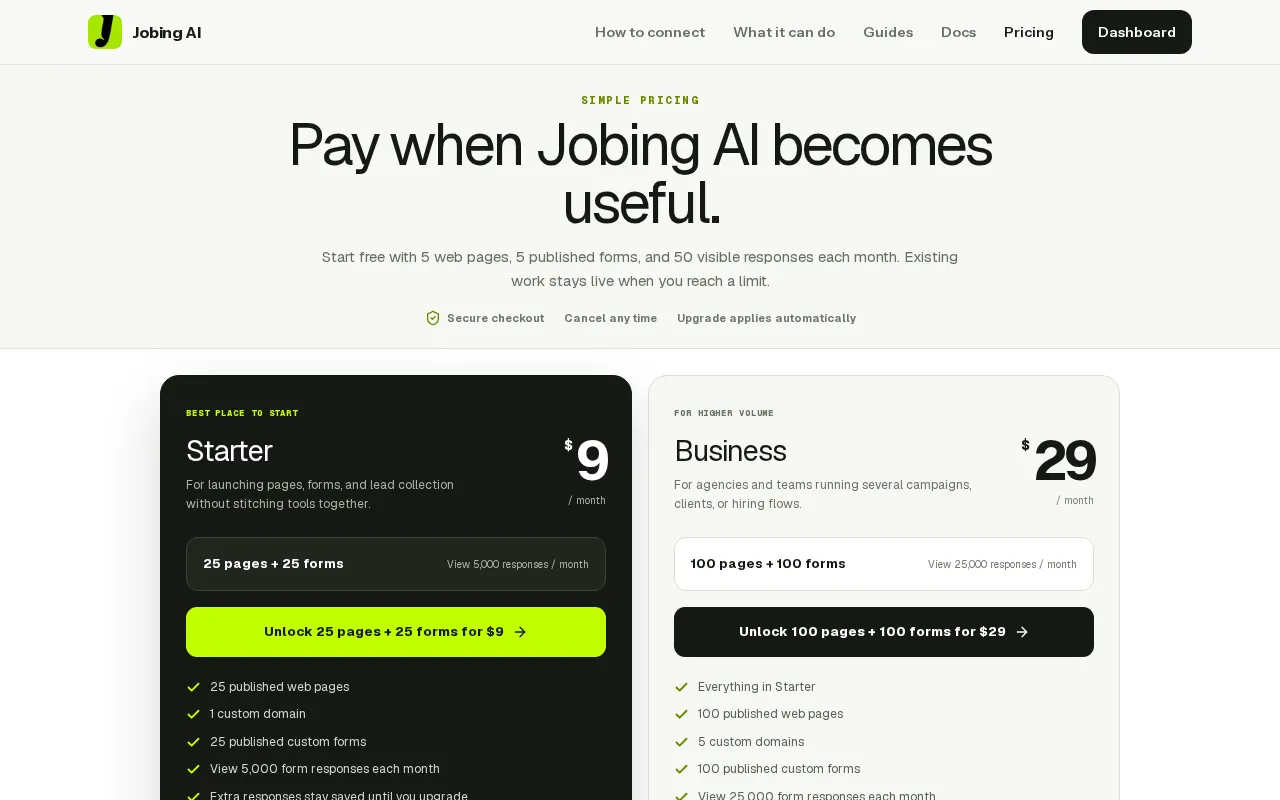 Jobing AI — pricing page