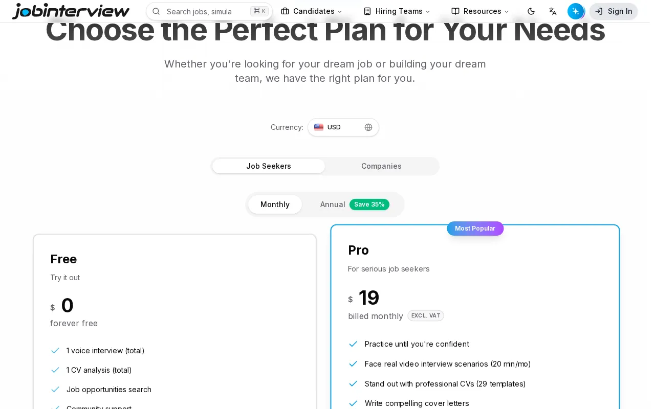JobInterview — pricing page