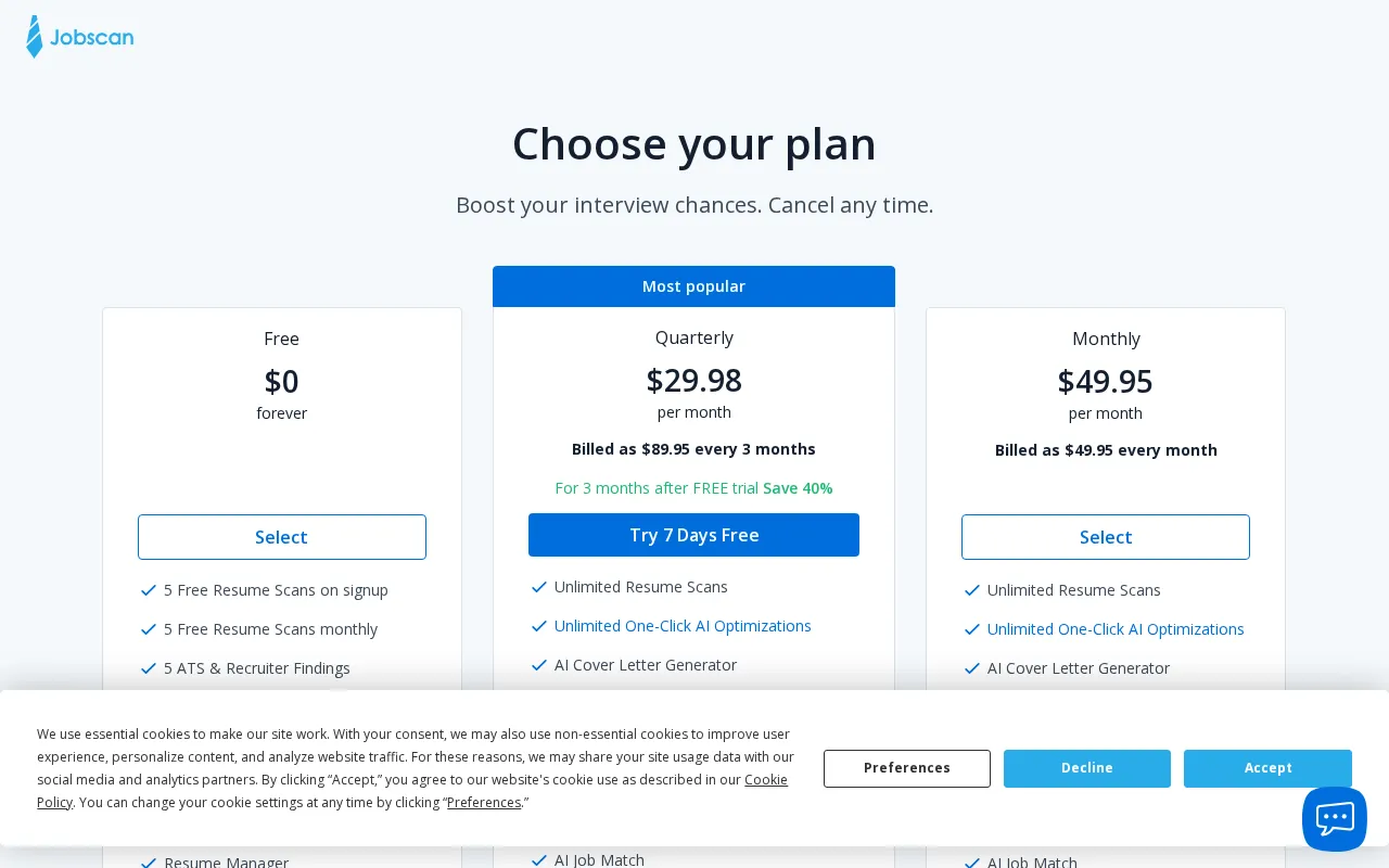 Jobscan — pricing page