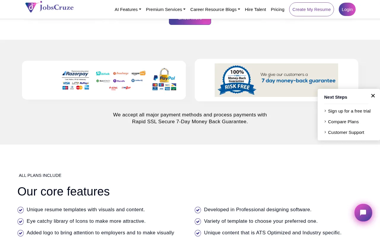 Jobscruze AI Resume Writer — pricing page
