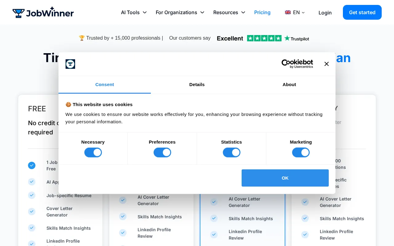 JobWinner AI — pricing page