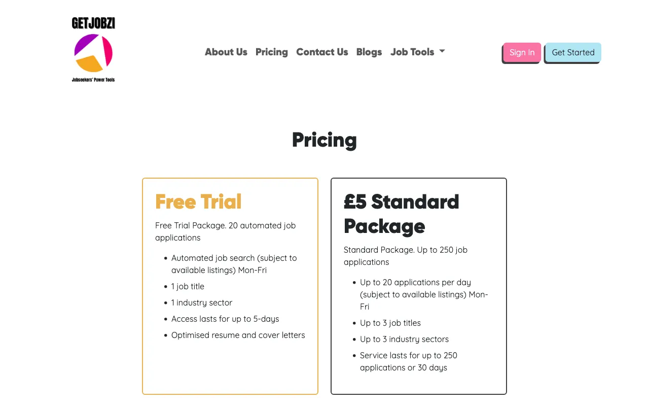 GetJobzi — pricing page