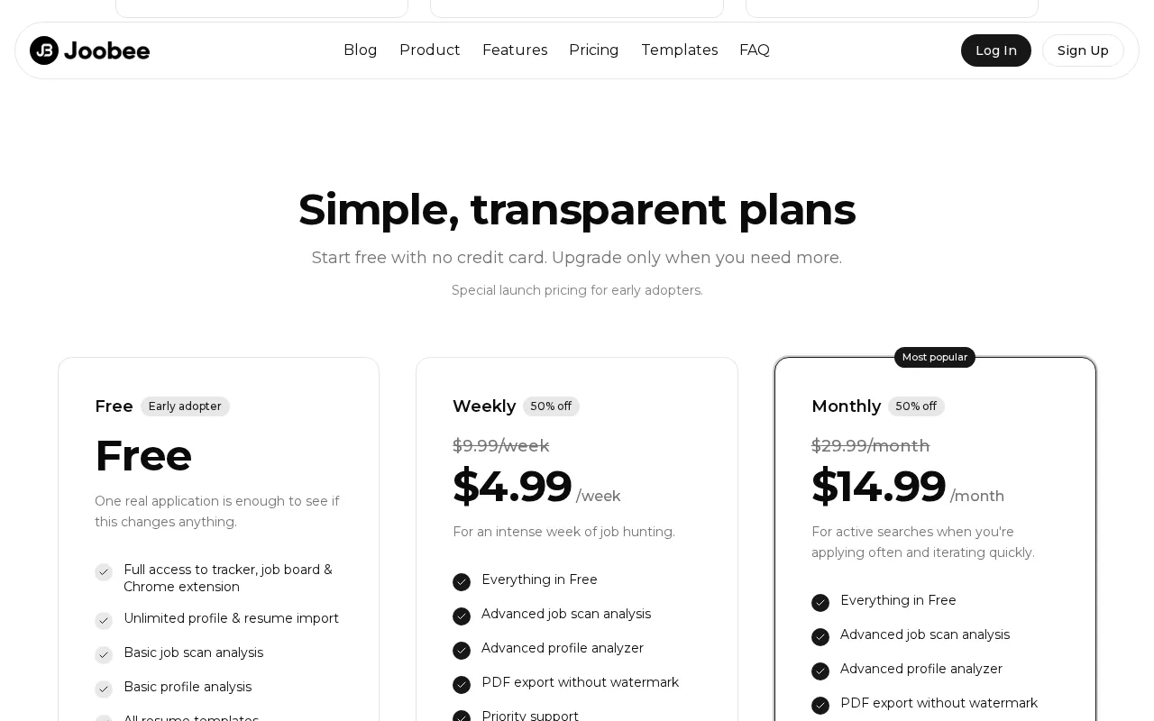 Joobee — pricing page