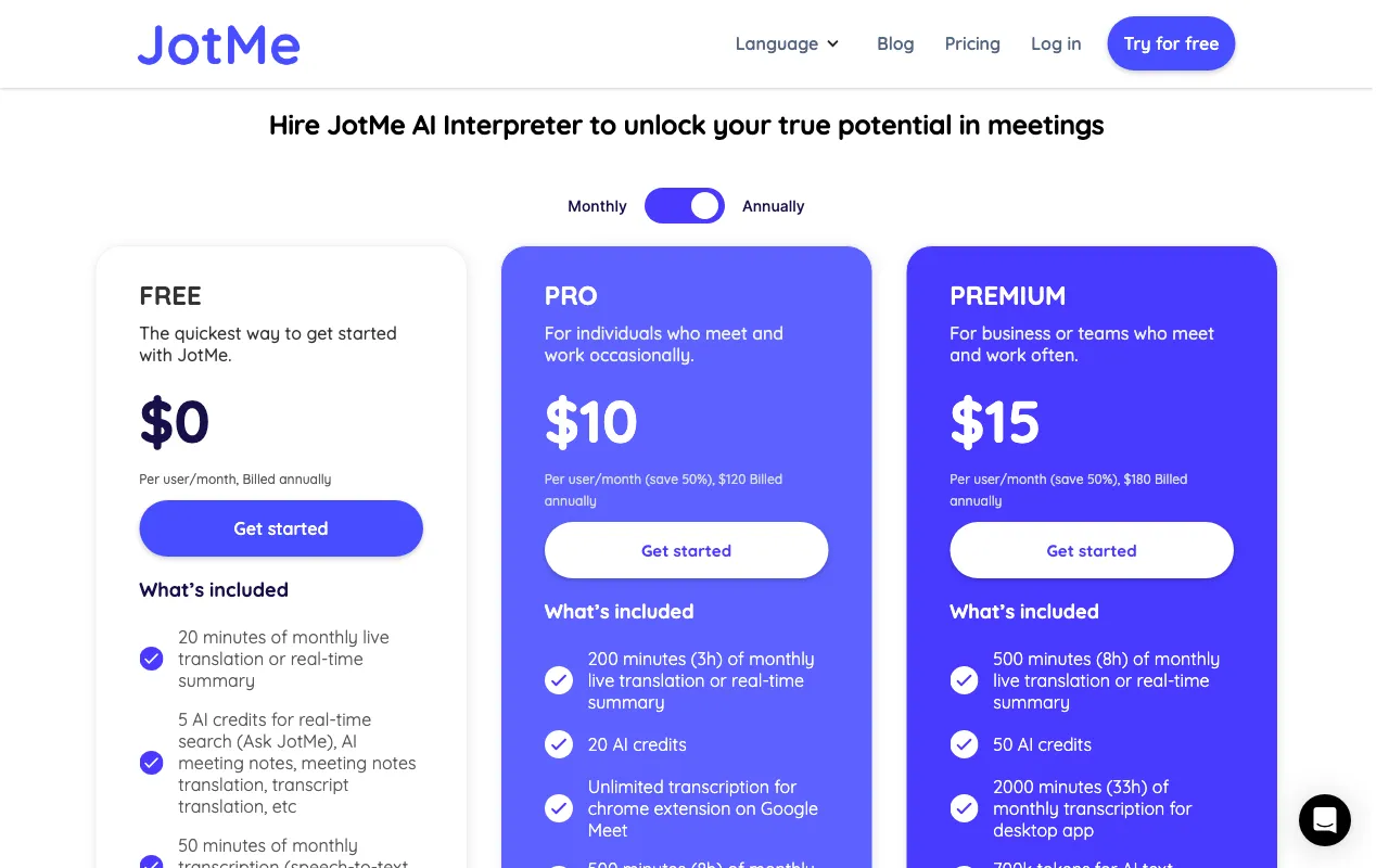 JotMe for Google Meet — pricing page
