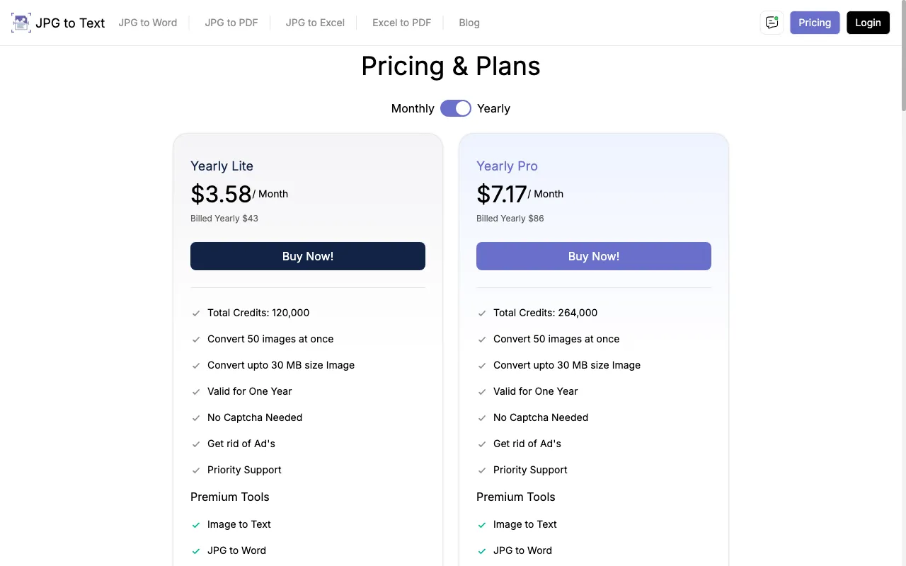 jpgtotext.com — pricing page