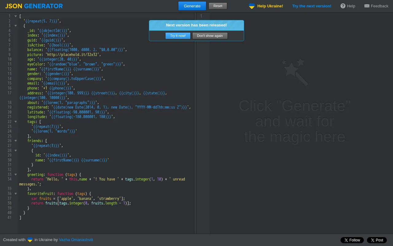 JSON Generator — preview screenshot