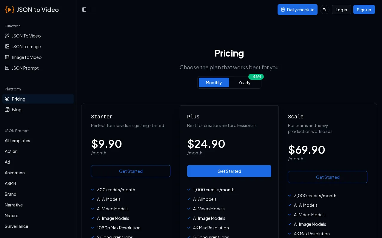 Json To Video.org — pricing page