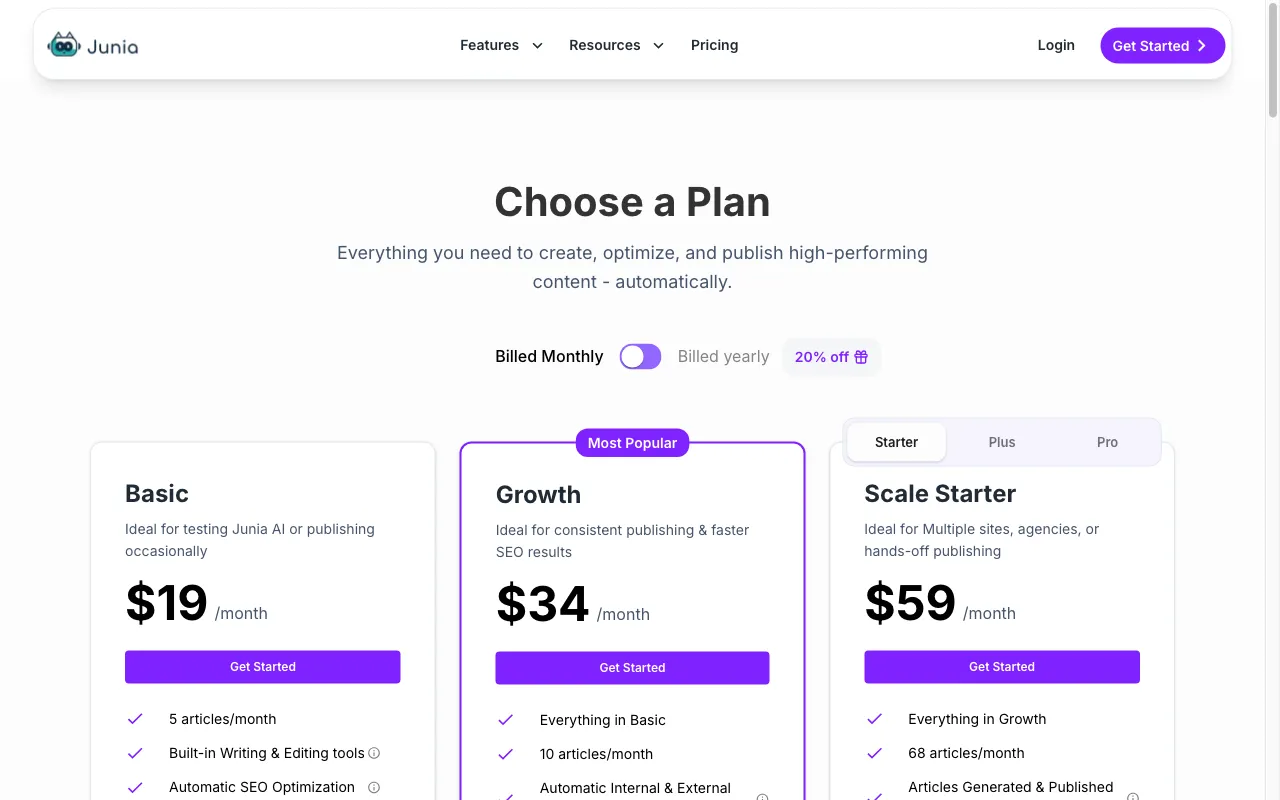 Junia.ai — pricing page