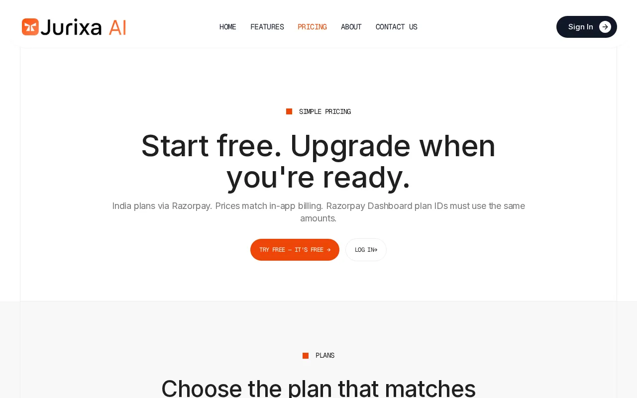 Jurixa AI — pricing page