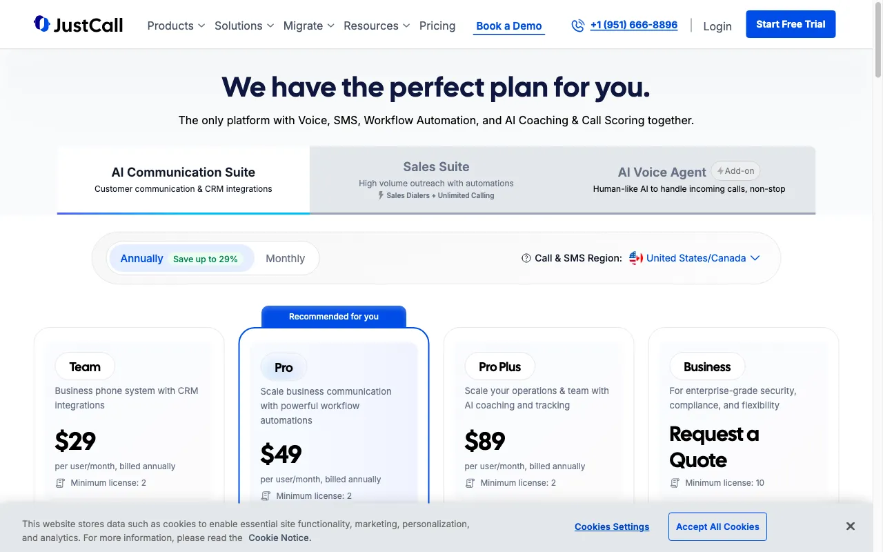 JustCall — pricing page