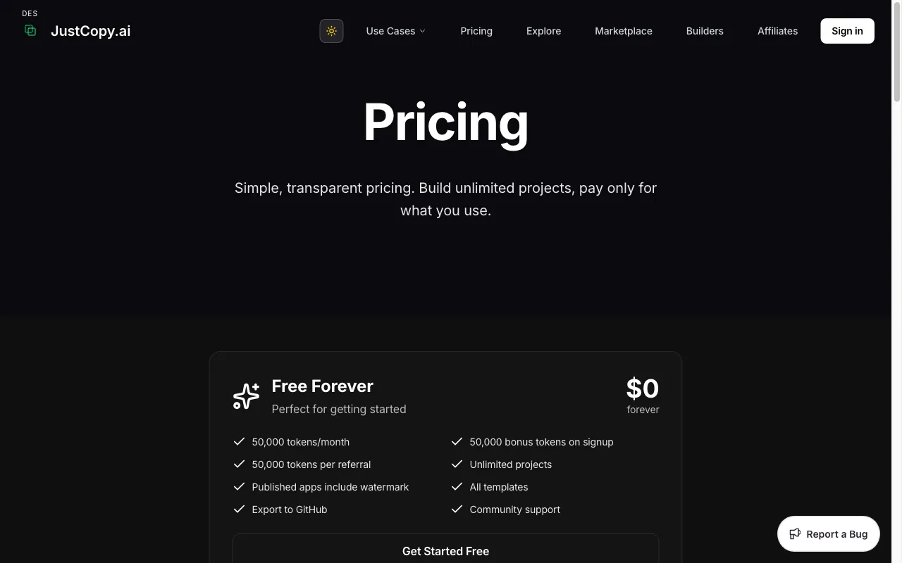 JustCopy.ai — pricing page
