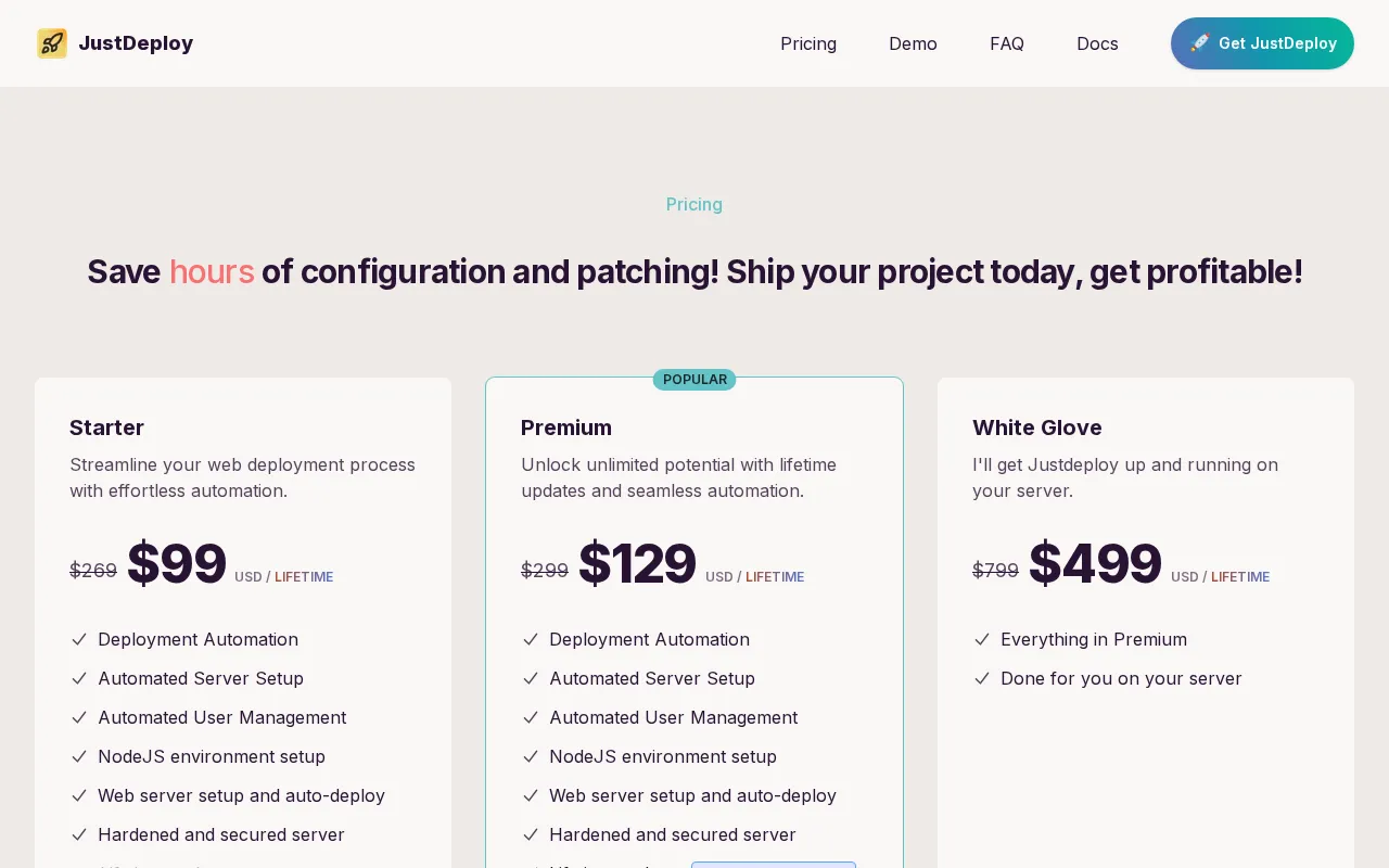 JustDeploy — pricing page