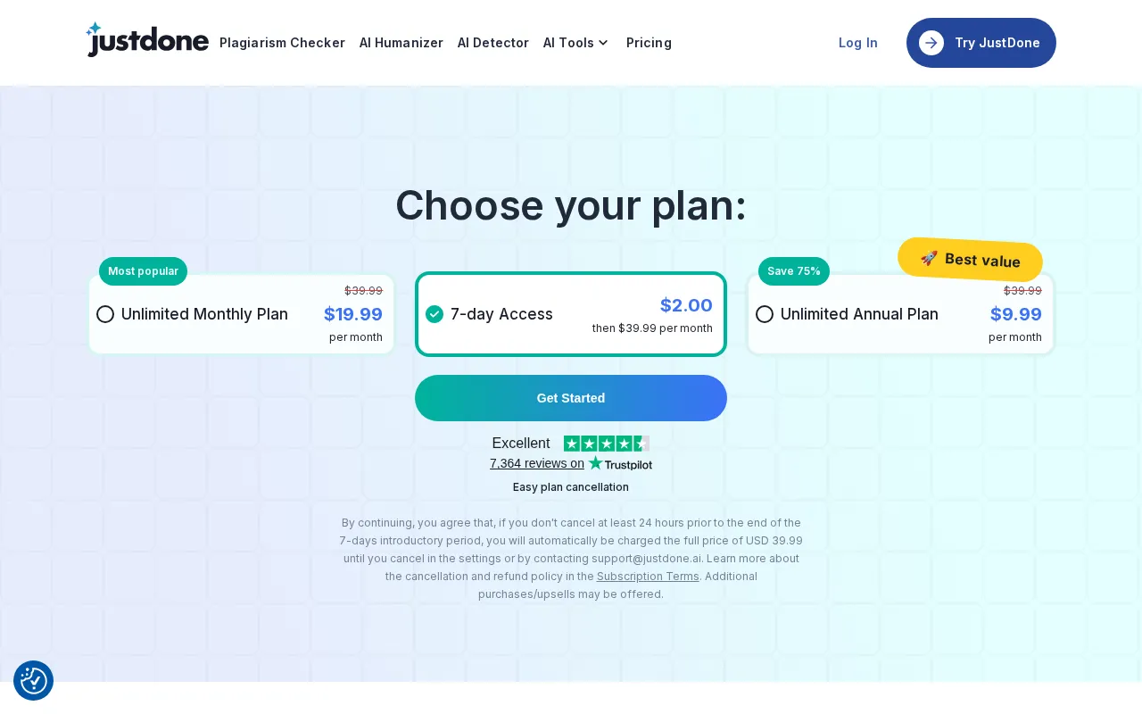 JustDone AI — pricing page