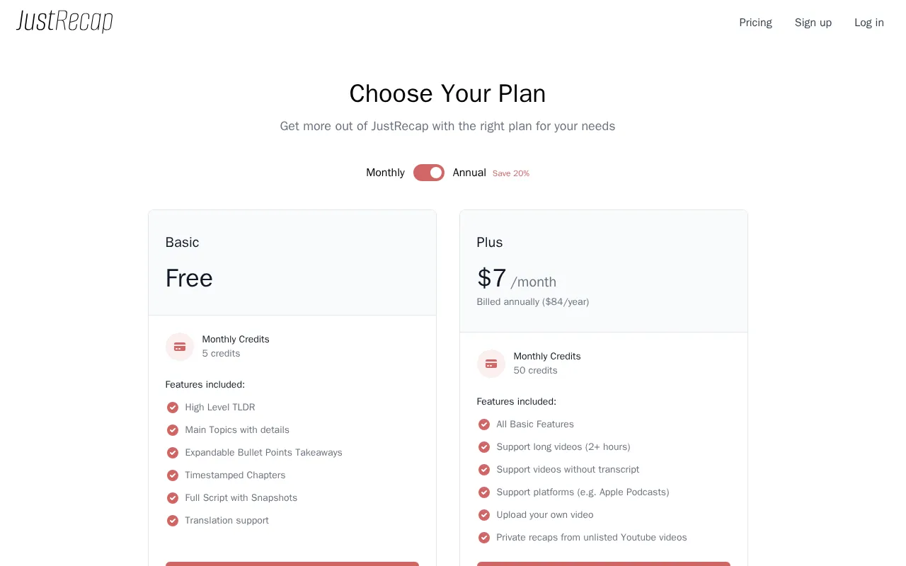 JustRecap — pricing page