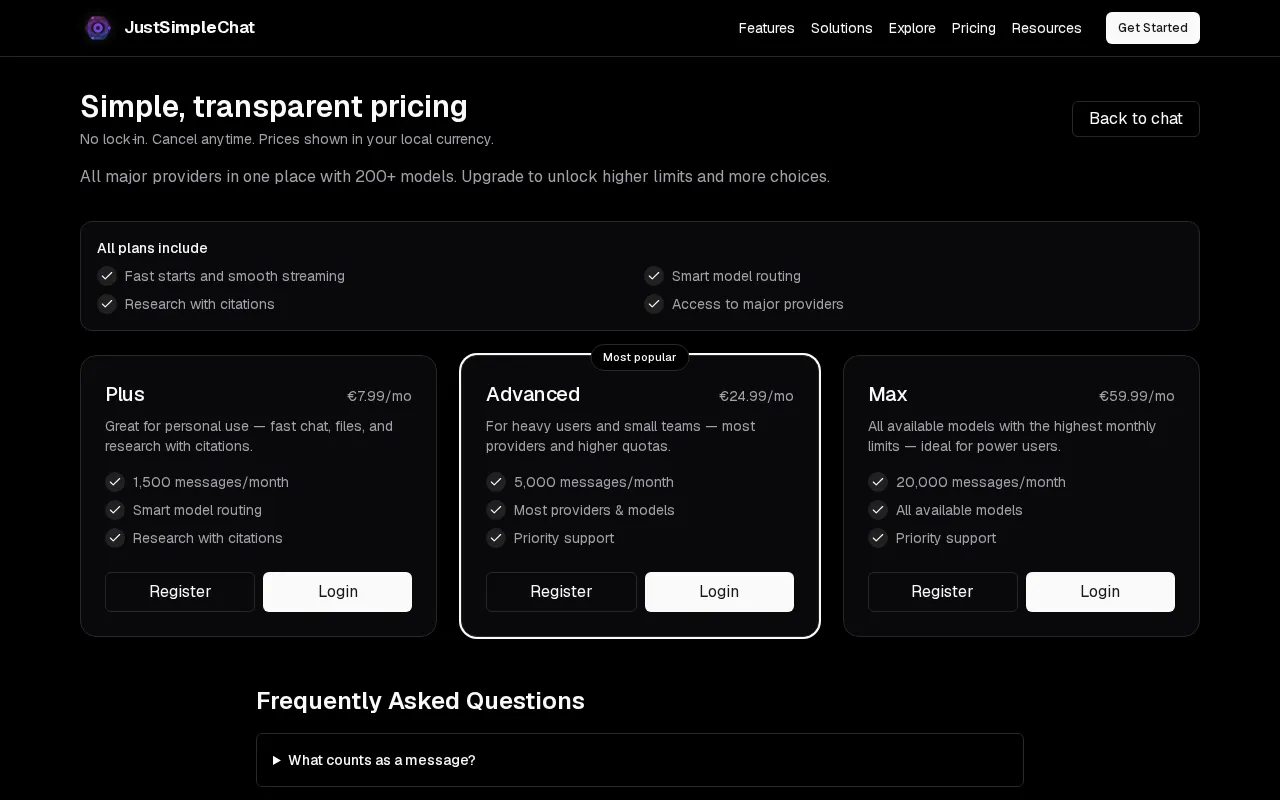 JustSimpleChat — pricing page