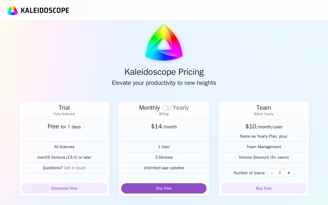 Kaleidoscope — pricing page