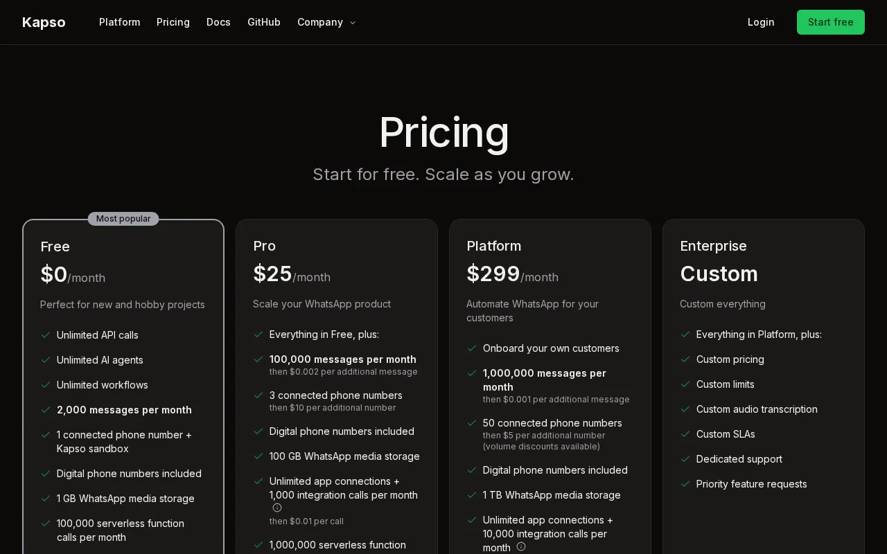 Kapso — pricing page