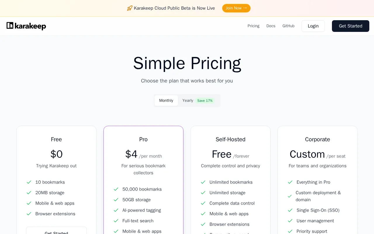 Karakeep — pricing page