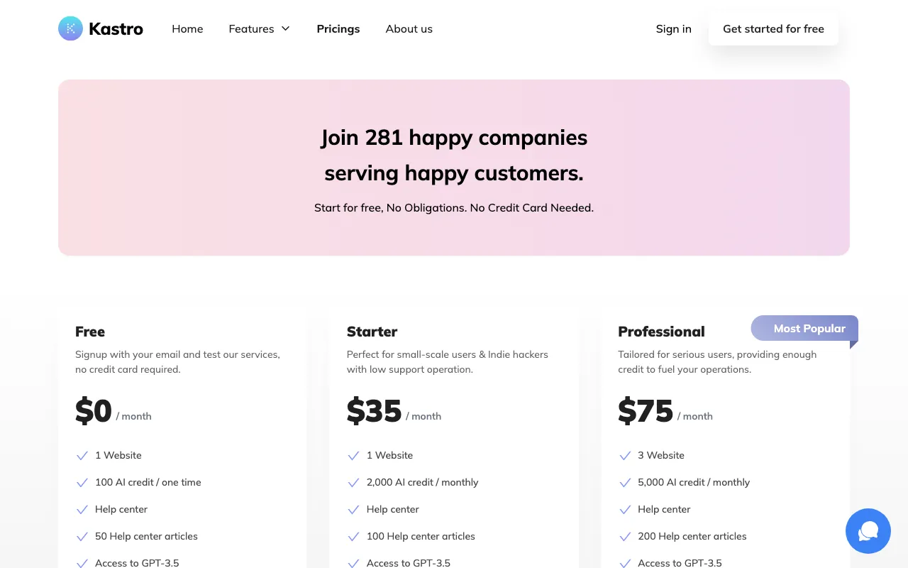Kastro — pricing page