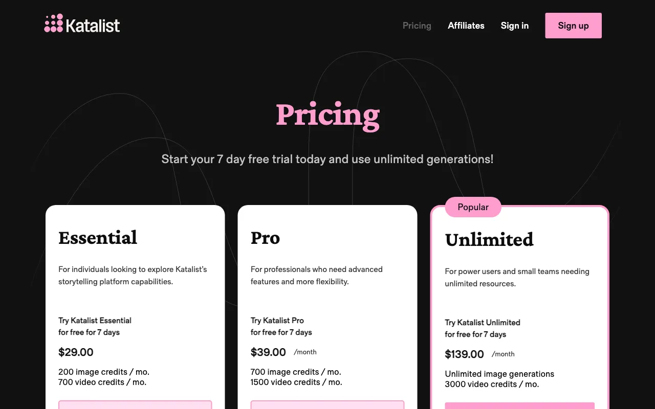 Katalist AI Storytelling Studio — pricing page