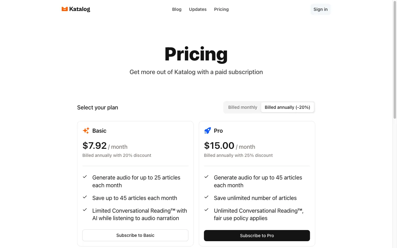 Katalog — pricing page