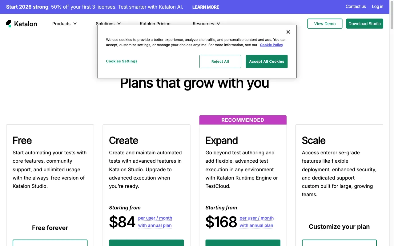 Katalon Studio — pricing page