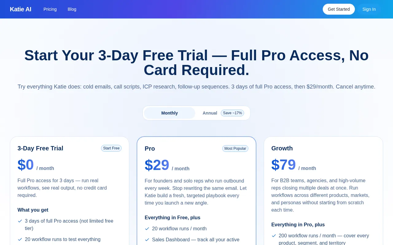 Katie AI Sales Agent WorkFlow Automation — pricing page