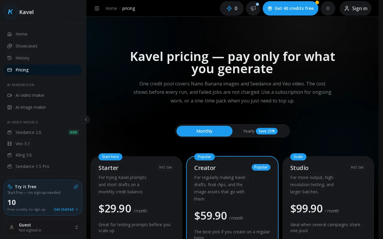 Kavel AI — pricing page